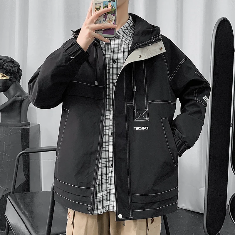 

Новая рабочая одежда, трендовая Красивая Подростковая универсальная мужская черная Повседневная куртка с капюшоном и большими карманами д...