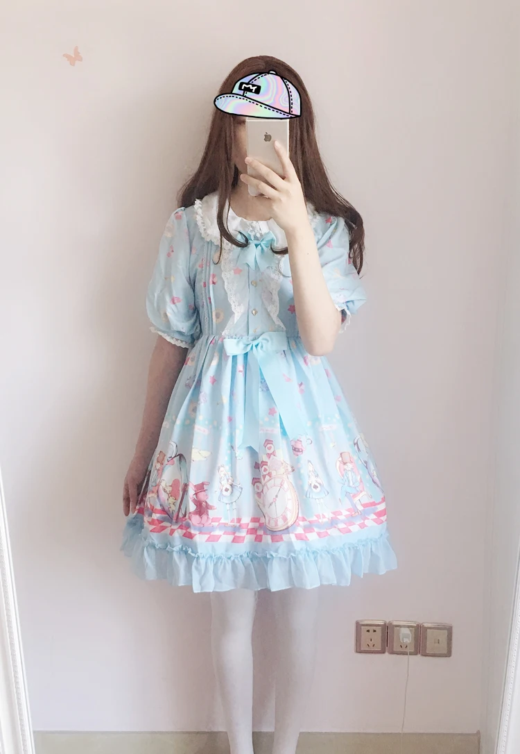 

Palace princess sweet lolita dress vintage lace bowknot peter pan collar puff sleeve printing victorian dress kawaii girl op/jsk