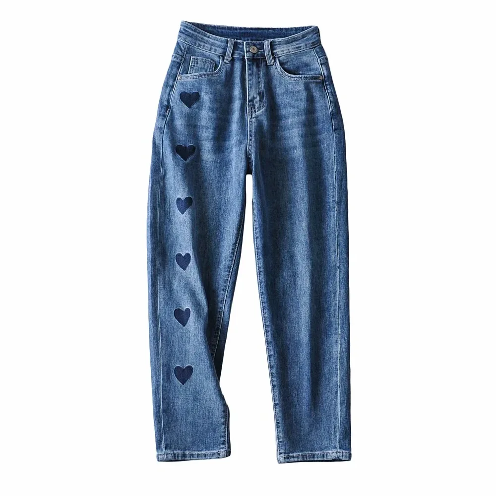 

TVVOVVIN 2021 New Embroidery Washed Harlan Jeans Female Spring High Waist Loose Casual Denim Trousers VPF6