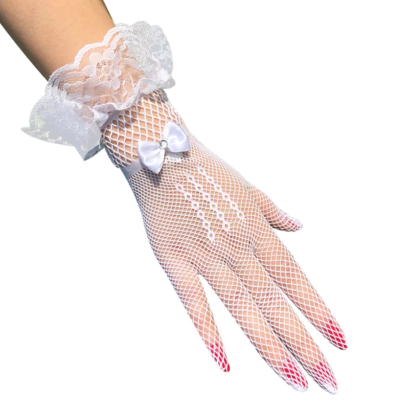 

Wedding Etiquette Gloves Women Lace Mesh Fishnet Gloves Punk Goth Lady Disco Dance Costume Rhinestone Bow Bride Short Mittens