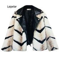 fox faux fur coat women winter warm artifical fur striped coat overcoat female ladies leather patchwork jacket