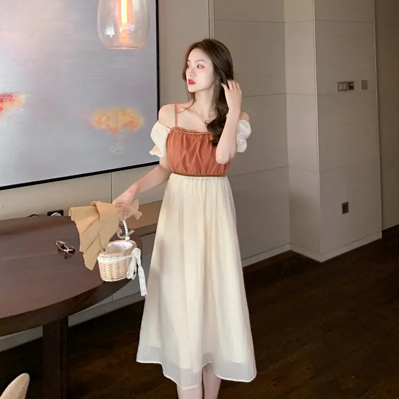 

Женское платье с квадратным вырезом, Элегантное повседневное милое лоскутное платье в стиле бохо с квадратным вырезом и коротким рукавом д...