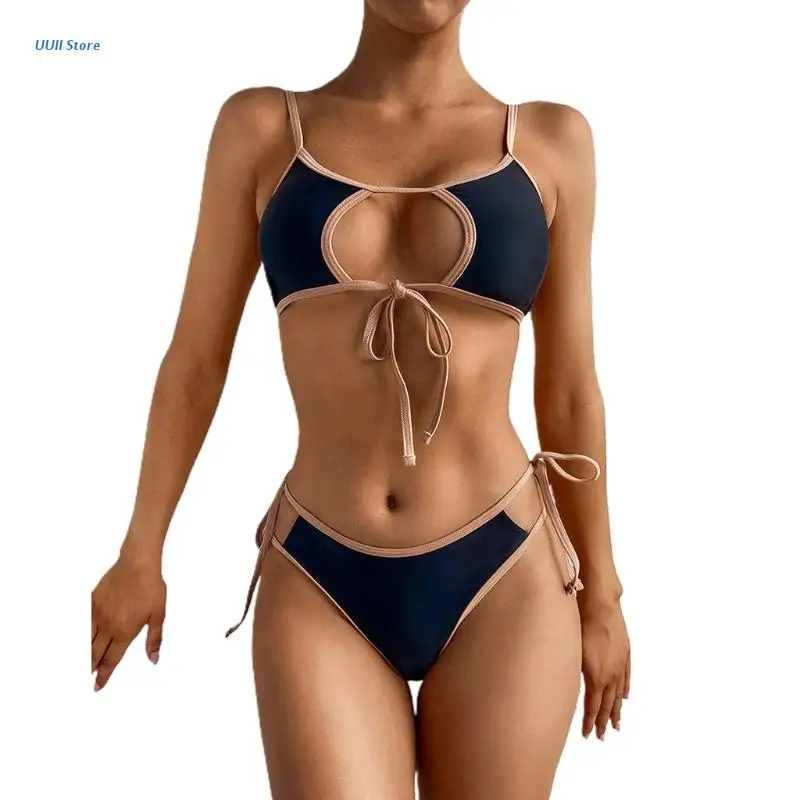 

Women Sexy 2pcs Bikini Hollow Out Lace-Up Swimsuit Contrast Strappy Bathing Suit XX9D