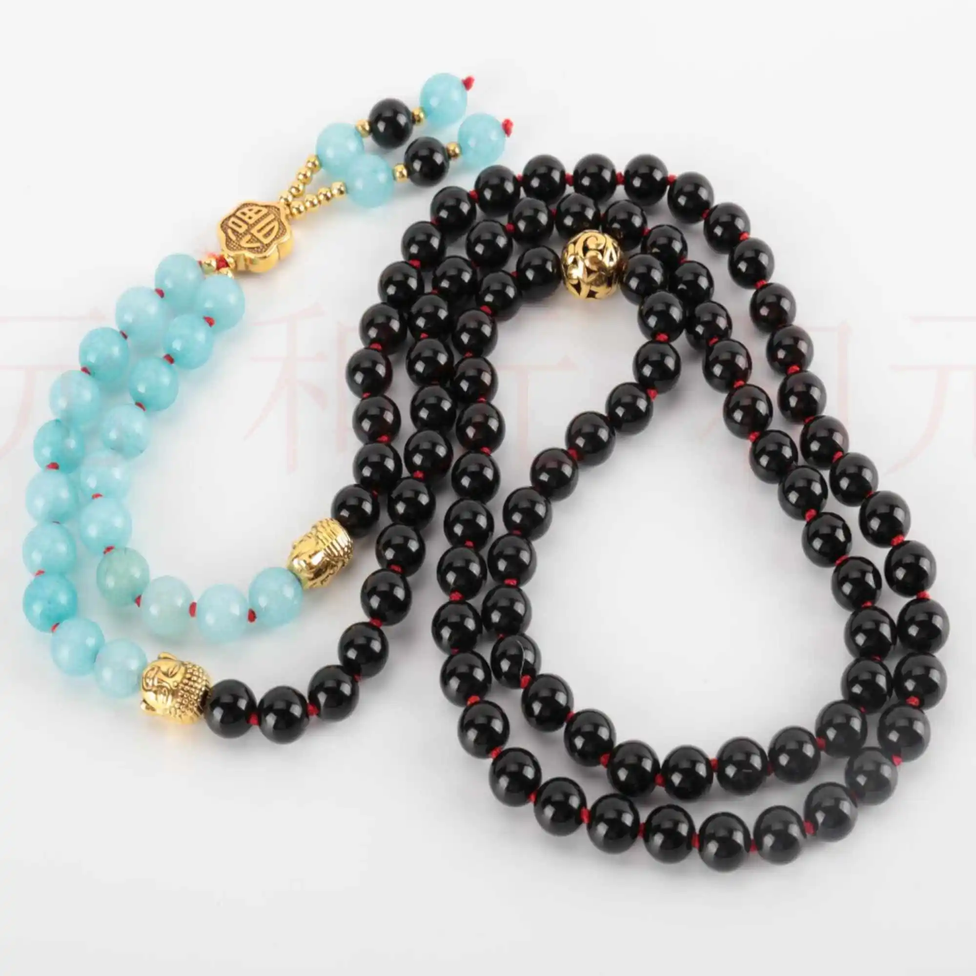 

8mm 108 Natural black agate Aquamarine knot Tassel Necklace Dark Matter Chain Practice Fancy Inspiration Buddhism Bohemia Bless