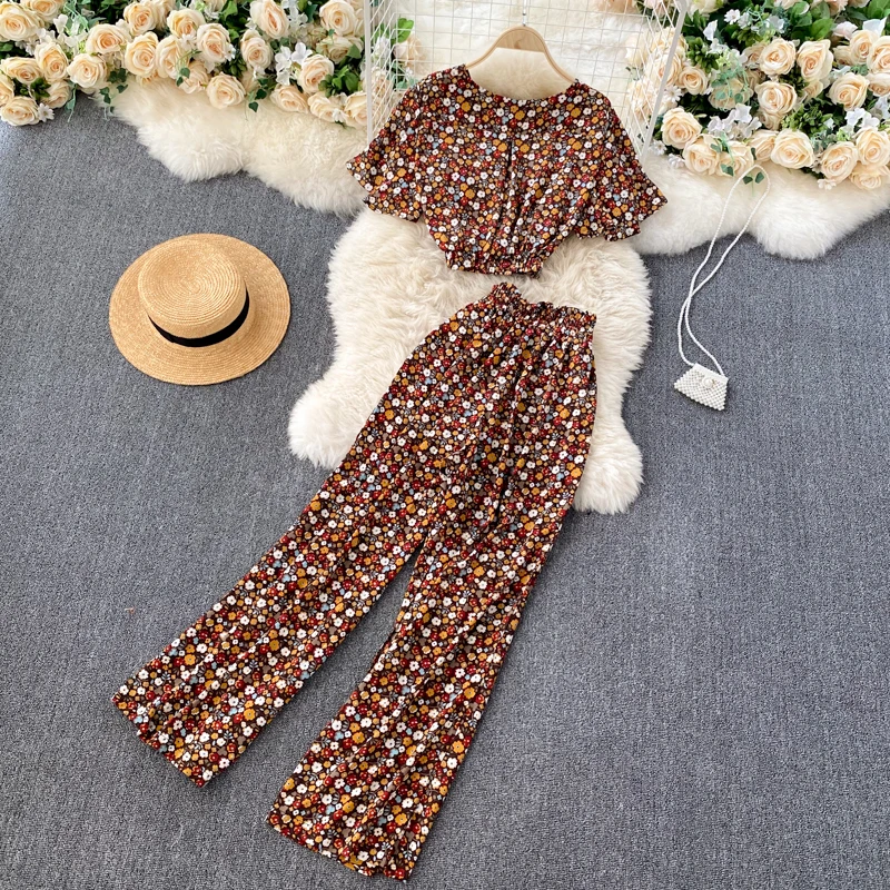 

Vintage 2021 New Two Piece Set Women Sexy V-Neck Ruffle Short Tops + High Waist Split Wide Leg Pants Female Suit