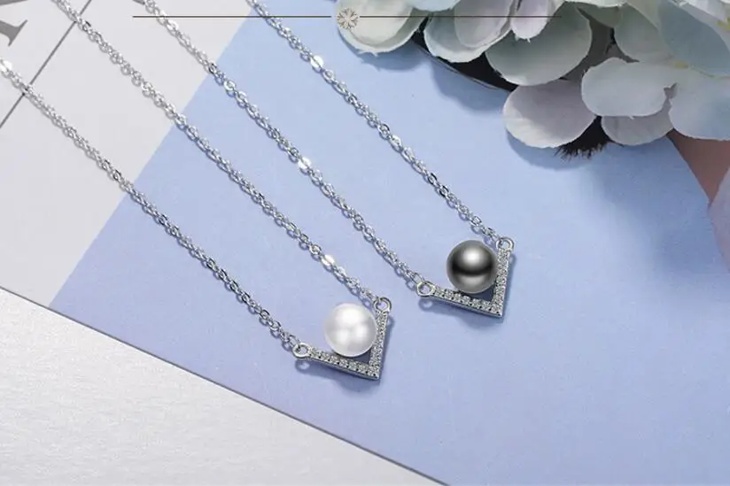 

925 Sterling Silver Necklace Zirconia V Shaped Pearl Pendants Necklaces For Women Chain kolye Choker Colar de Prata S-N158