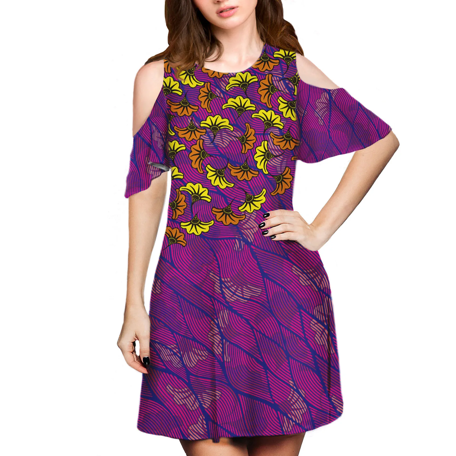 

1 MOQ Custom Women's Classical Fashion Dress Polynesia Traditional Tribal Floral Print Ladies Purple Leakage Shoulder Clothing
