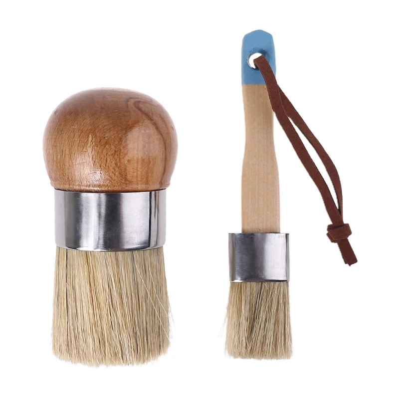 

2 Pcs Round and Flat Chalk Paint Wax Brush Ergonomic Wood Handle Natural Bristle Brushes Furniture Painting Waxing Tool