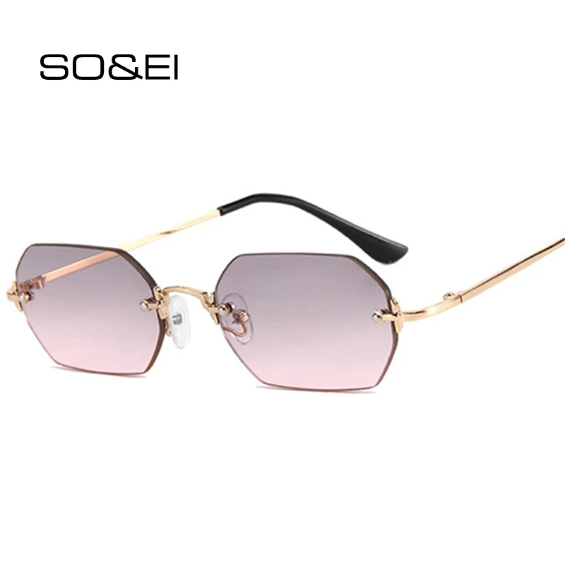 

SO&EI Fashion Polygon Rimless Square Sunglasses Women Vintage Clear Ocean Lens Eyewear Men Shades UV400 Gray Pink Sun Glasses