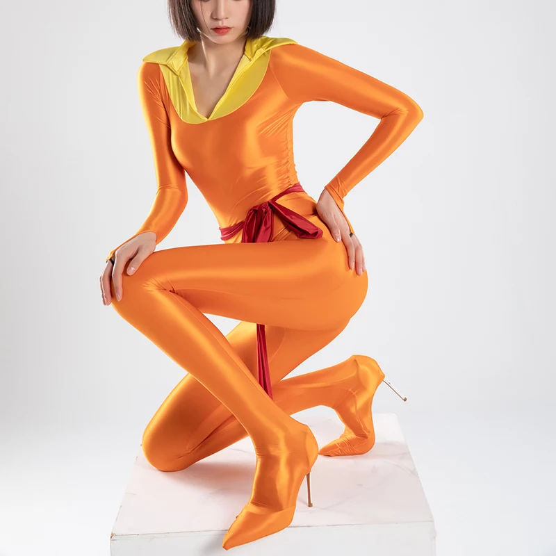 New Satin Shiny Gloosy Women Full Bodysuit Silky Body Suits Long Sleeve Through Finger Pierced Shoes Sexy Tight Rompers Cosplay