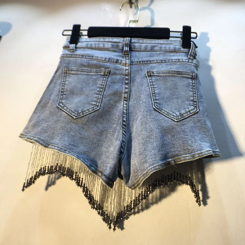 

2021 Summer European Goods New Heavy Industry Tassel Beaded High Waist Slimming Stretch Denim Shorts Women's Pants