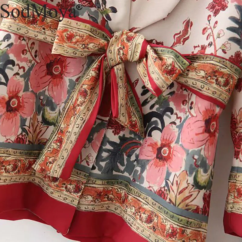 Women Vintage Floral Print Blazer Bow Tie Sashes Long Sleeve Coat Female Rretro Chic Office Wear Outerwear Feminine Tops Jacket|Женские