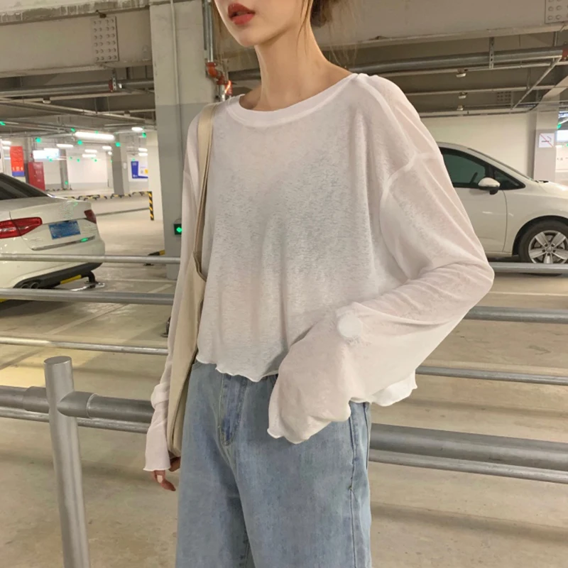 

Casual Korean Vogue Women Solid Chiffon Tops And Blouses Ladies Vintage O-Neck Long Sleeve Loose Short Shirts
