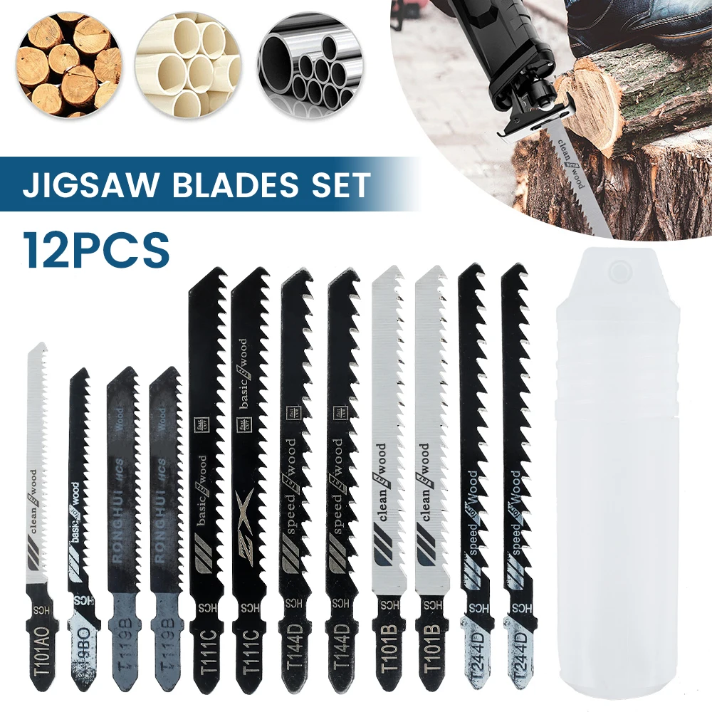 

12pcs Jig Saw Blades HCS HSS T-Shank Curved Jigsaw Blades Metal Wood Assorted Blades Woodworking Saw Blade Tool Accessories