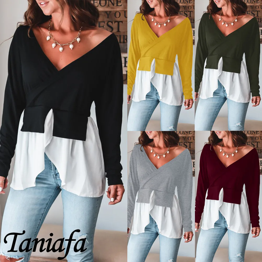 

Сексуальные топы с глубоким v-образным вырезом, Модные поддельные блузки из двух частей, Женская Асимметричная ребристая футболка с длинным...