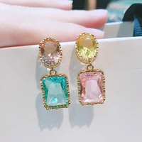 qmhje oval rectangle colorful crystal stone dangle earrings for women gold color blue pink vintage baroque asymmetric trendy
