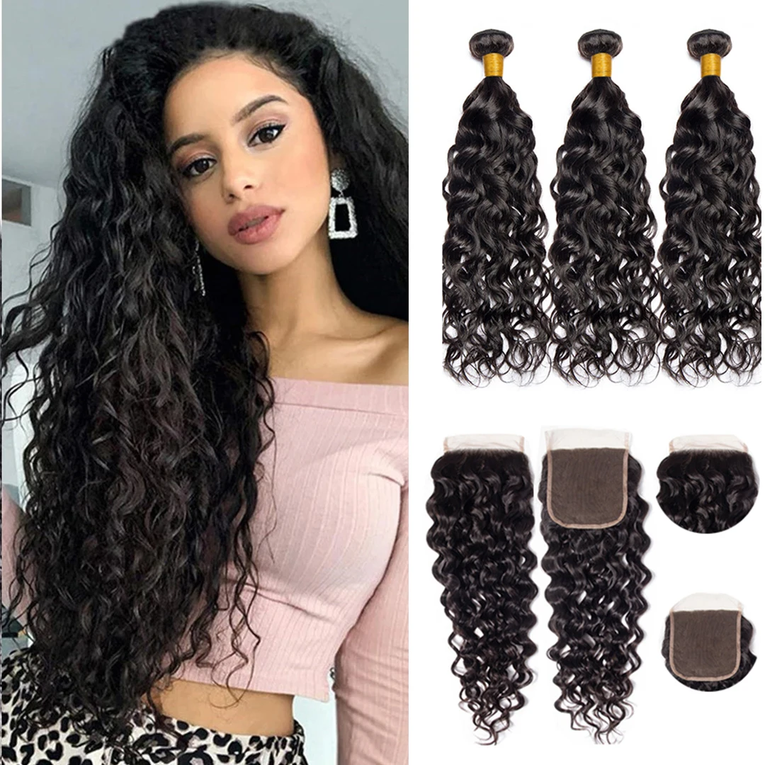 

Mongolian Water Wave Bundles with Closure Wet and Wavy Curly Human Hair Bundles with Closure 4x4 Lace Remy Hair Extensions AHJF