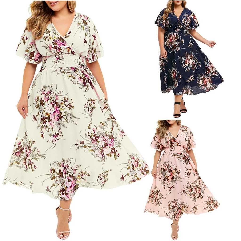 

Ladies Large Size Dress Printed V-neck Short Sleeve Dress Summer Fashion Women's Floral Short Sleeve Casual Dress Q6