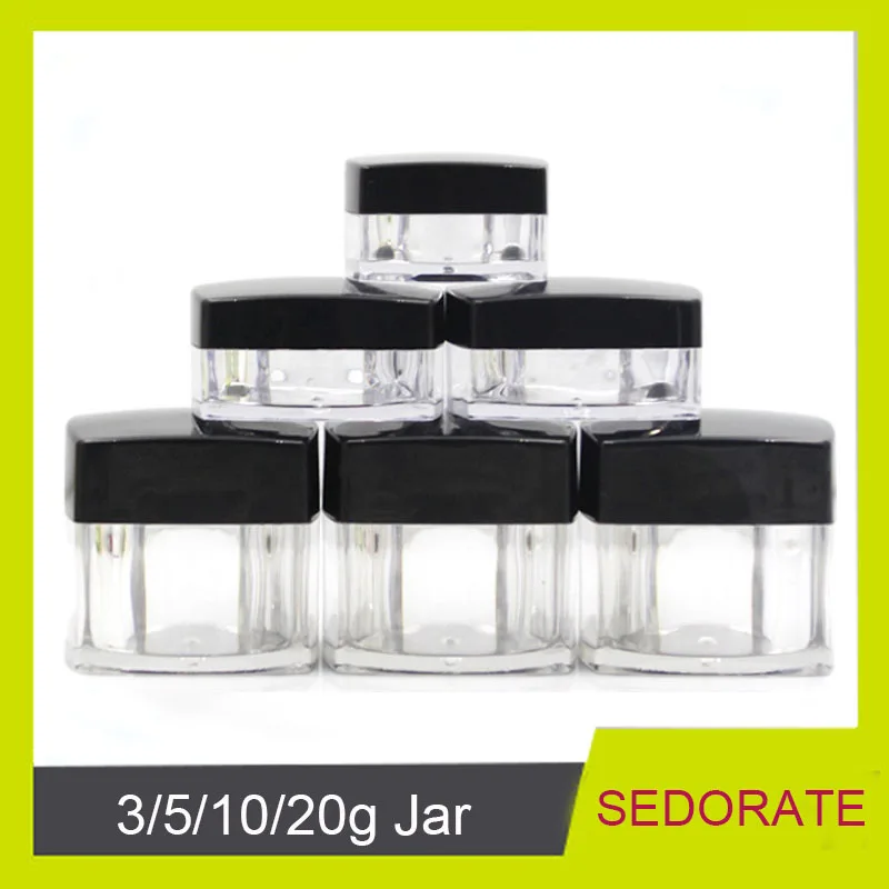 Sedorate 50 шт./лот квадратные акриловые прозрачные банки с черной крышкой для 10 г 20