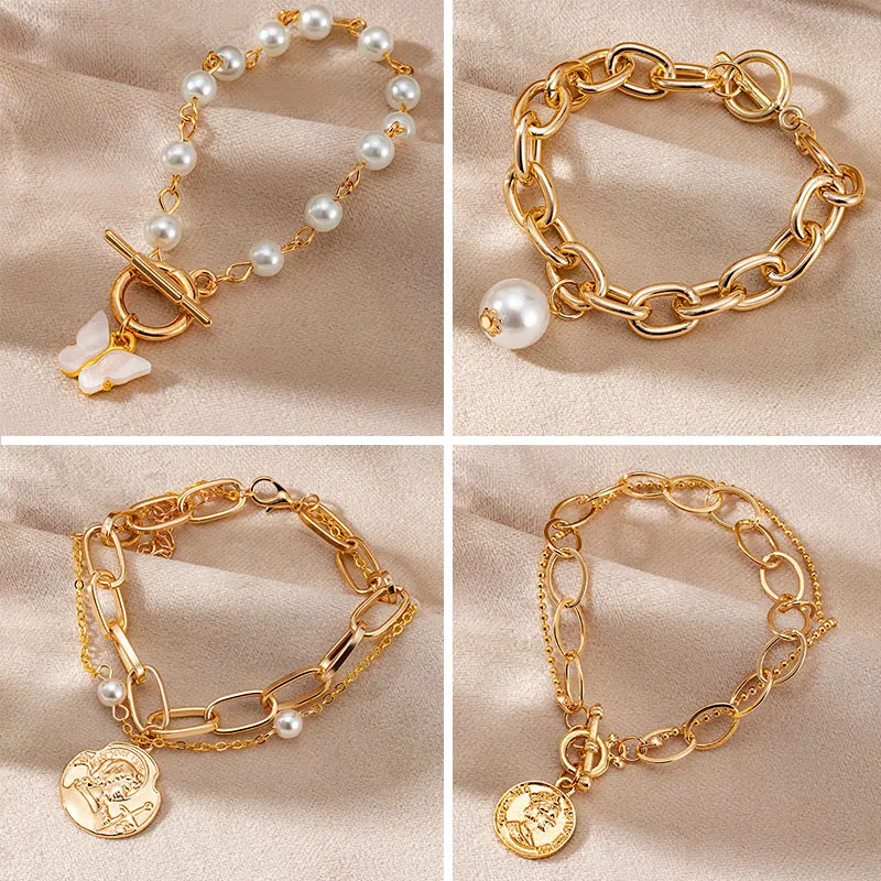 

Fashion Chain Bracelet on hand for Women Female Bohemian Luxury Vintage Portrait Pearl Gold Bracelet Bangles 2021 Trend Jewelry