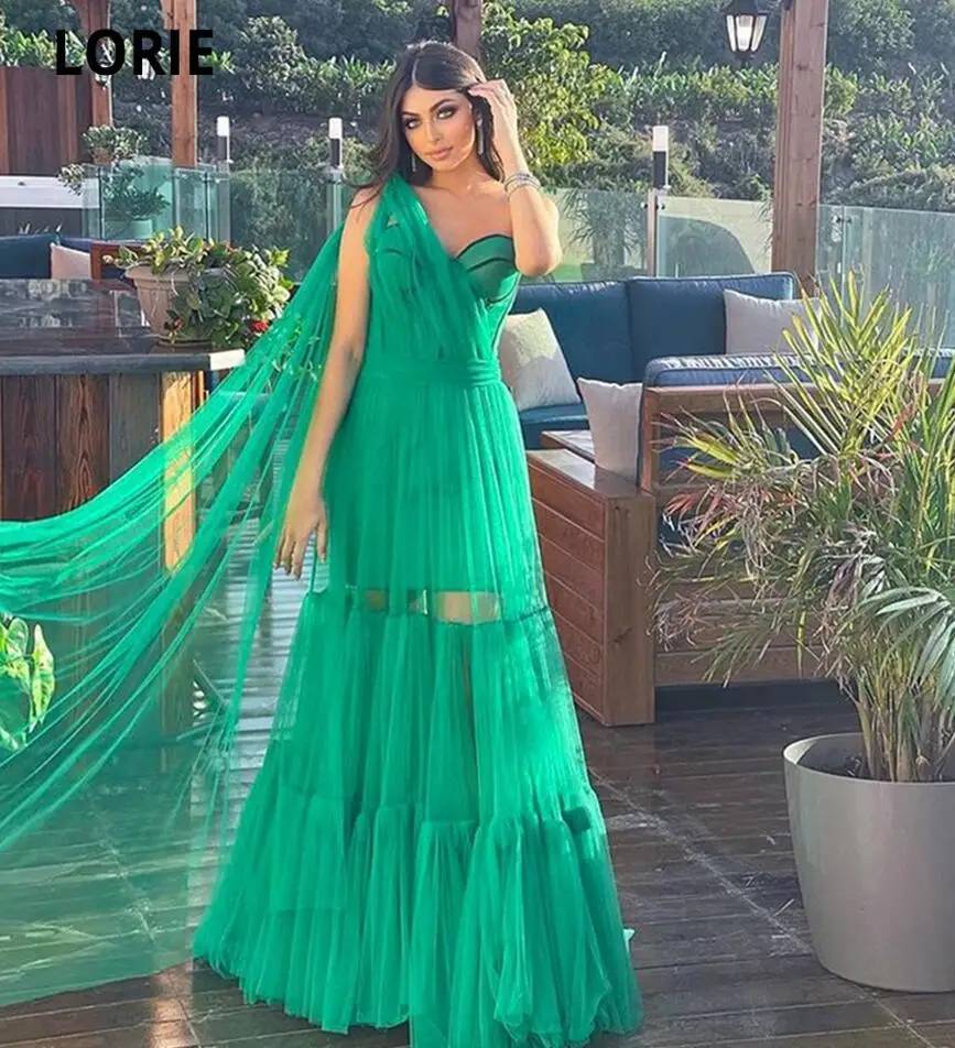 LORIE 2021 Morden Green Tulle Cloak A Line Long Prom Dresses Sexy Sweetheart Zip Back Floor Length Evening Occasion Gowns