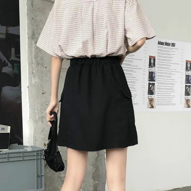 

Skirts Women Cargo Chic Pocket Design Empire Retro Summer Korean Preppy Girls Skirt Elastic Waist All-match Fashion Femme Faldas