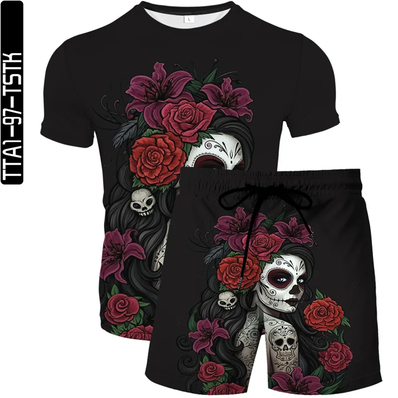 

Summer new men's and women's T-shirt tops 3D printing character oil painting + beach pants 2 sets of men's sports shorts