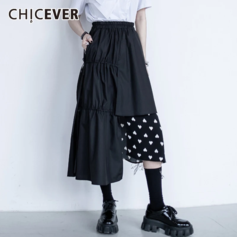 

CHICEVER Petite Heart Print High-waisted Skirt For Women Asymmetrical Fold Pleated Long Skirt Women's Clothing 2021 Summer Style