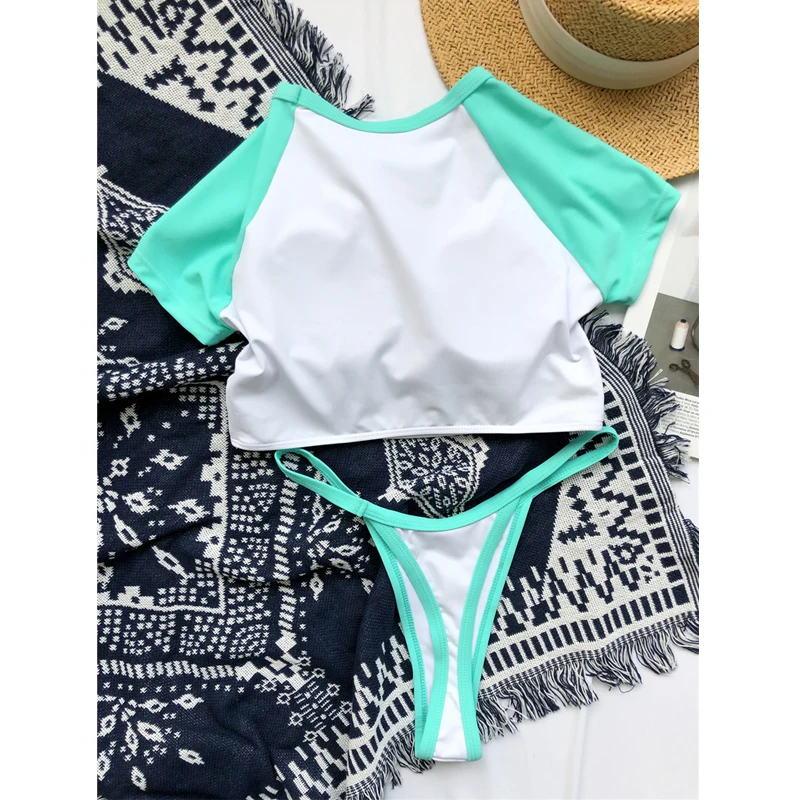

New Splicing Short Wleeve Bikini Swimsuit Women Two-pieces Swimwear 2021 Sexy Thong Bikinis Set Bikinis Set Push Up Bathing Suit