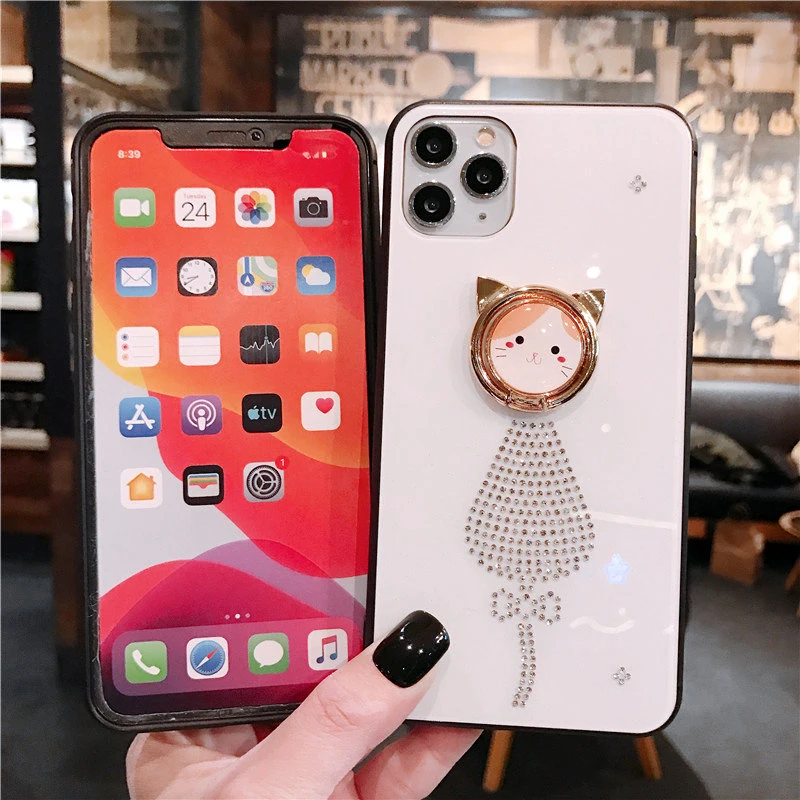 Lovely Cat Diamond Phone Case For iPhone 11 Pro Max X Xr Xs With Finger Ring Stand Back Cover 8 7 6s Plus |