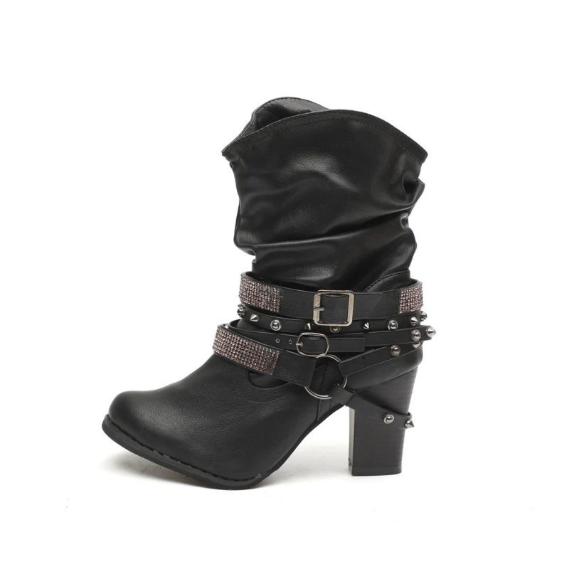 

Buckle Strap Boots Women Autumn Winter Retro PU leather Shiny Rivets Heel Half Boots Winter Shoes Women Botines Mujer 2020