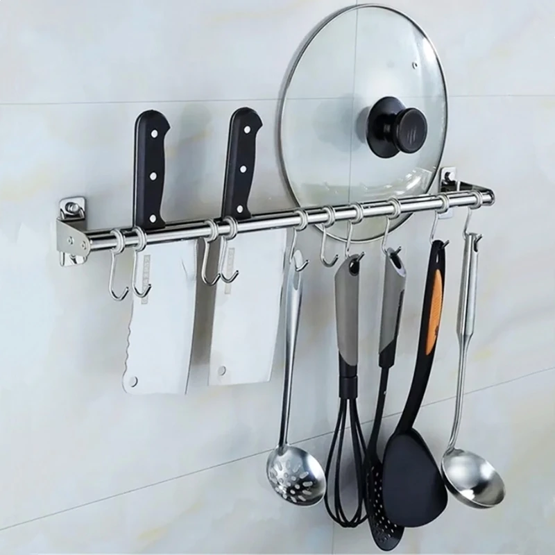 

Wall Mounted Utensil Rack Stainless Steel Hanging Kitchen Rail with 6/8/10 Hooks