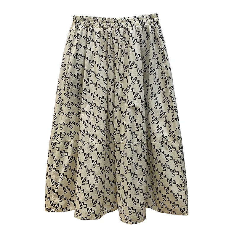 

Korean-Style Elastic High Waist Letters Printed Midi Skirt Draping Effect Anti-Exposure Breathable Dress A- line Skirt