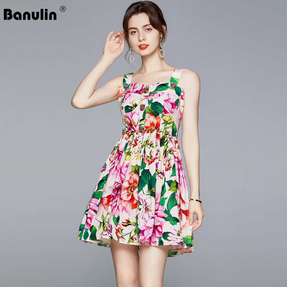

Banulin 2021 Fashion Summer Short Dress Women's Sexy Backless Beading Strap Dress Female Floral Beach Tank Vestidos Verano