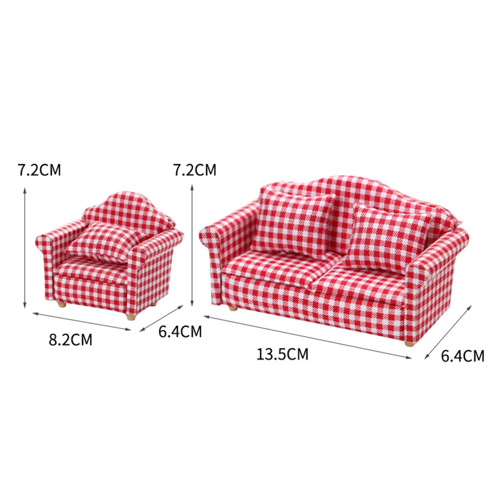 

1/12 Doll House Mini Play Furniture Decoration European Pastoral Plaid Sofa Pillows Set Doll House Couch Chair Model Accessorie