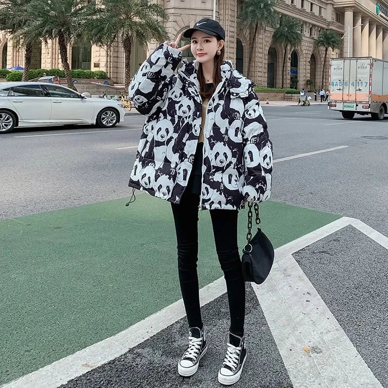 Cartoon Panda Padded Jacket Female Winter New Korean Version Loose Large Size Printing Thick Hooded Bread Jacket Cotton Jacket