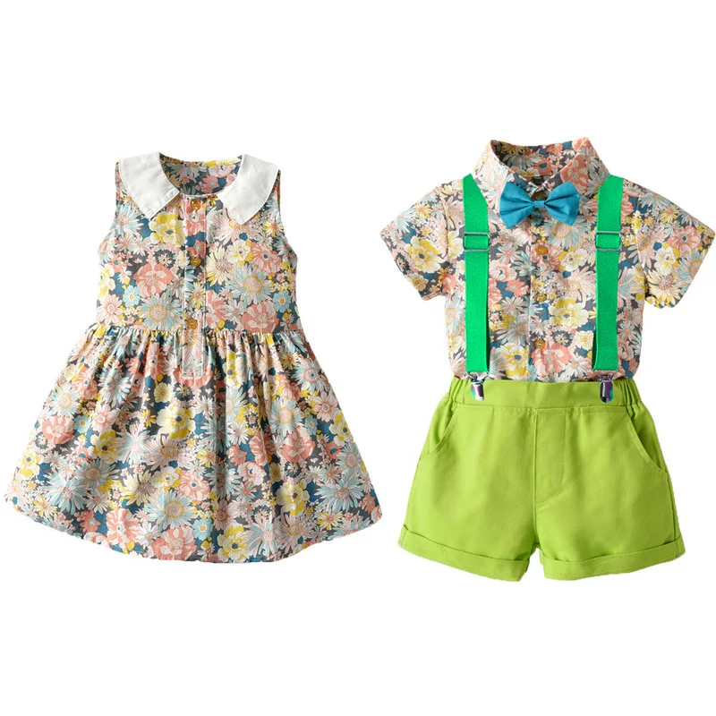 

Garden Style Toddler Baby Summer Clothes Boys Shirt + Shorts 2pcs Set and Girls flower Dress for Brother Sister Matching Outfits