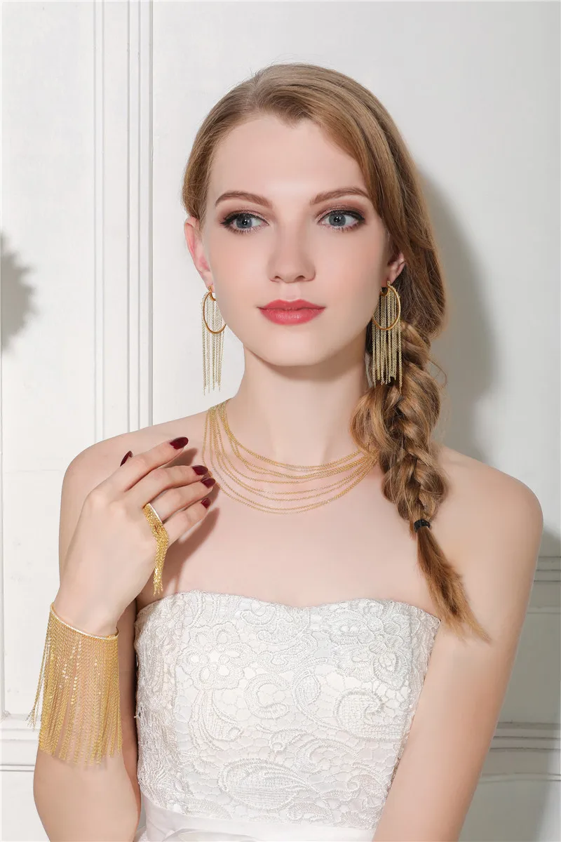 

Luxury Zircon Pure 925 Sterling Silver Chain Tassel Round Cuff Finger Ring Design Long Chain Women Wedding Party Jewelry