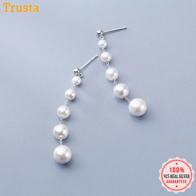 Женские серьги гвоздики Trusta длинные из стерлингового серебра 925 пробы с жемчугом