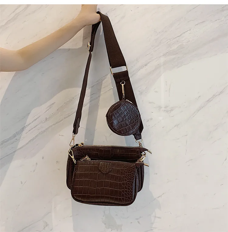 

Alligator print women shoulder bag luxury designer wide strap bag chain Sling bag pu leather ladies 3 bag set handbag 2021