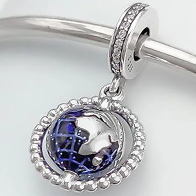 

100% 925 Sterling Silver Charm Spinning World Map Pendant Fit Pandora Women Bracelet & Necklace Diy Jewelry