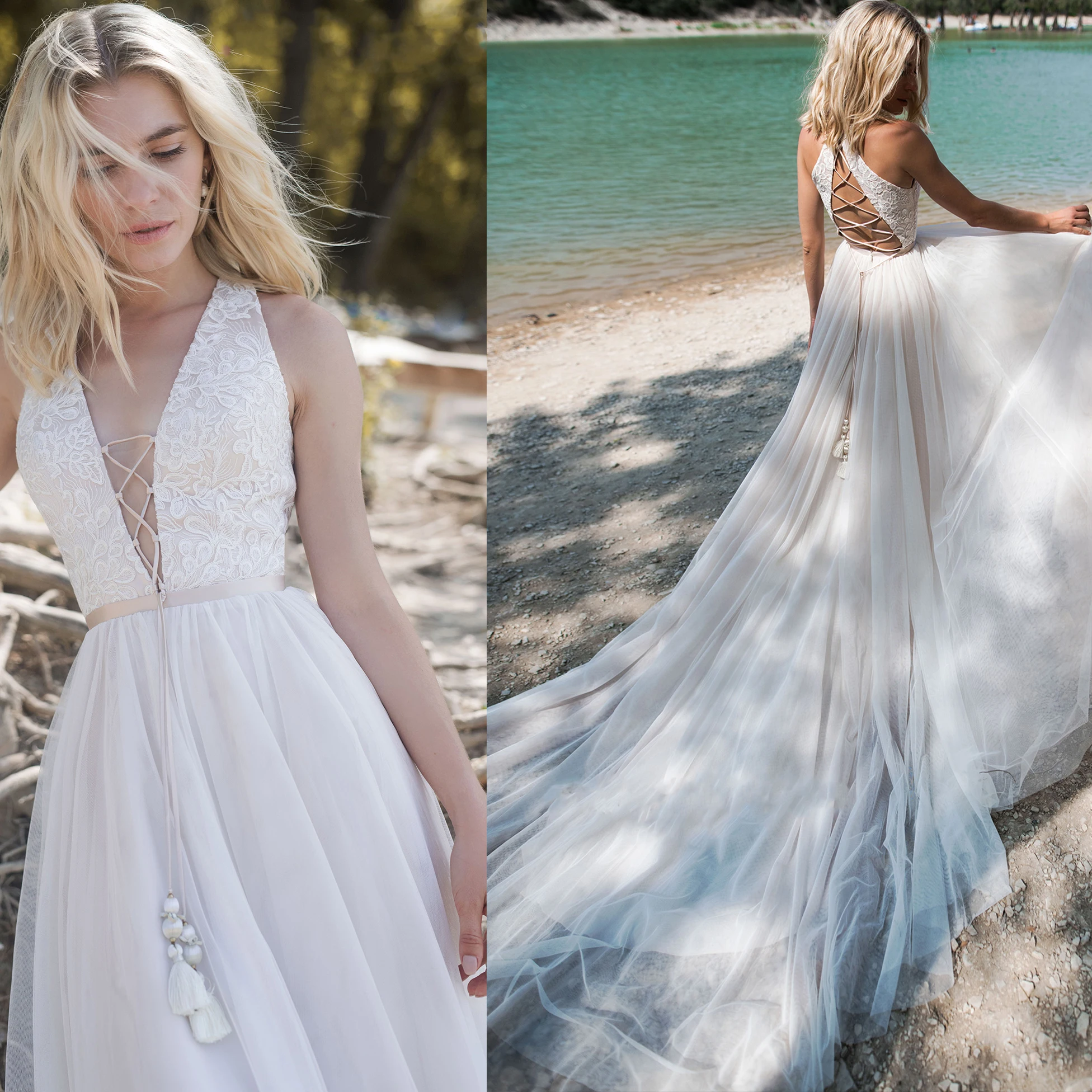 

Halter Boho Lace Tulle Elopement Bridal Gown Custom Made Corset Custom Made Open Back V-Neck Criss Cross Appliques Wedding Dress