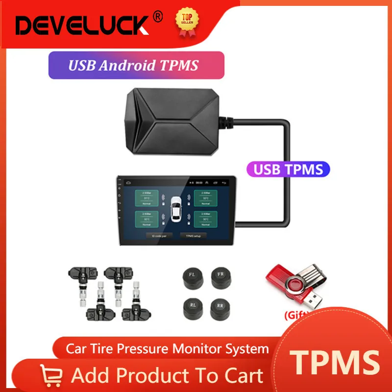 Система контроля давления в шинах TPMS с USB, Android, 5 В, внутренняя и внешняя для Android-навигации, автомобильный радиоприемник с дисплеем, система сигнализации TPMS - изображение
