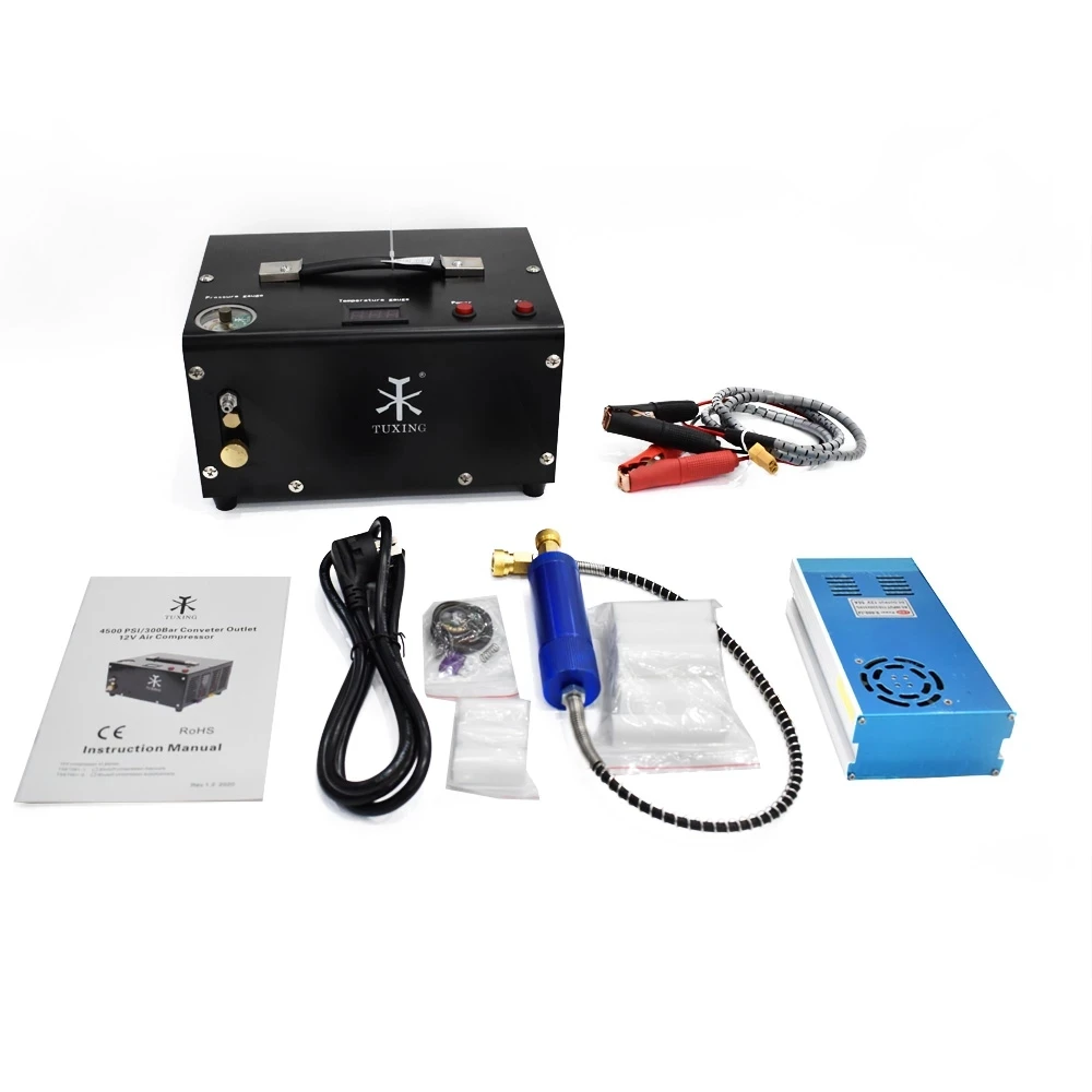 TUXING TXET061 4500Psi 300Bar 12V Portable Air Compressor Electric High Pressure Pump with Transformer Diving Inflator