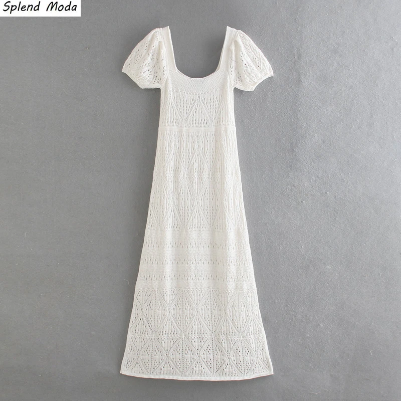 

Splend Moda Fashion White Hollow Embroidery Puff Sleeve Dress 2021 Slim New Women Knitted Slim Crochet Long Dresses Chic Vestido