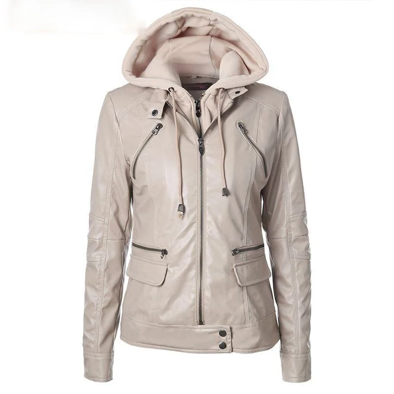 High Quality Leather Jacket Coat Gothic Motorbike PU Outerwear Hooded Zipper Pockets Faux Leather Fall Winter Jacket for Women