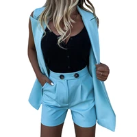 two piece blazer suit women office sets sleeveless cardigan blazer vest shorts solid 2 piece set lady casual slim blazers set
