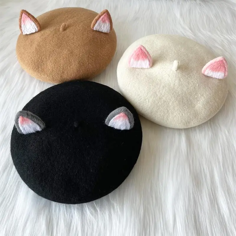 Береты из шерсти с кошачьими и фетровыми ушками оригинальный дизайн - купить по