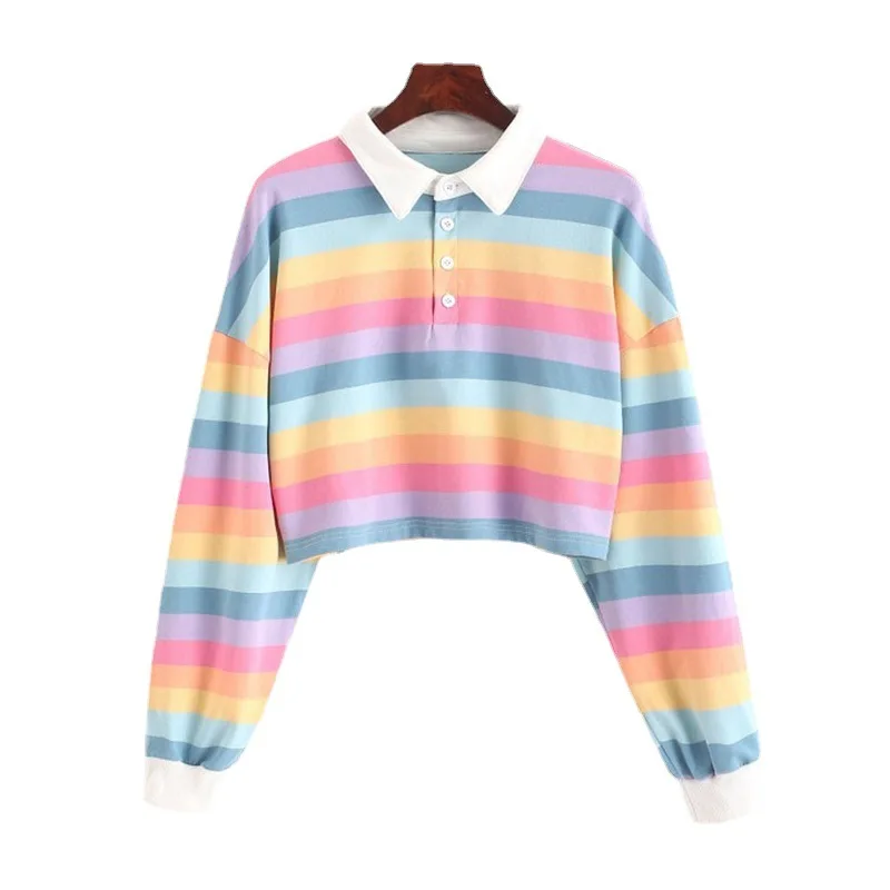 

Women's Polo Hoodies Kawaii Rainbow Colors Long Sleeve Korean Style Sweatshirts Y2K Plus Size Streetwear Thin Pullovers