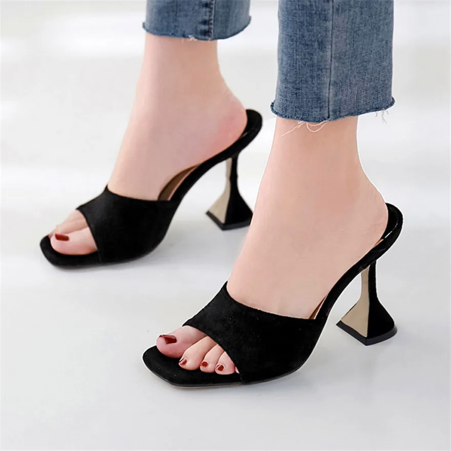 

Size 35-41 Woman Summer Square head Serpentine Slippers Sandals Sexy Wine Glass Mules High Heels Flock Shoes Women Slip On Slide